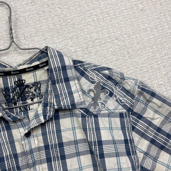 Y2K Guess Shirt Mens XXL Blue Plaid Grunge Button Up Distressed Punk lily flower - Picture 4 of 13